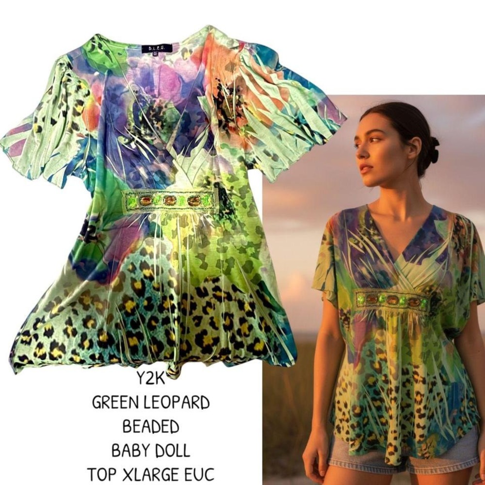 Y2K GREEN LEOPARD BEADED BABY DOLL TOP SHIRT X LARGE EUC